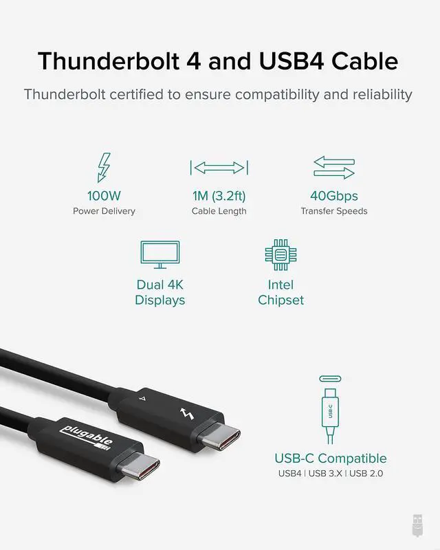 Alt view image 2 of 5 - Plugable Thunderbolt 4 Cable [Thunderbolt Certified] - 3.3ft USB4 Cable with 100W Charging, Single 8K or Dual 4K Displays, 40Gbps Data Transfer | Compatible with Thunderbolt, USB4, USB-C - Driverless