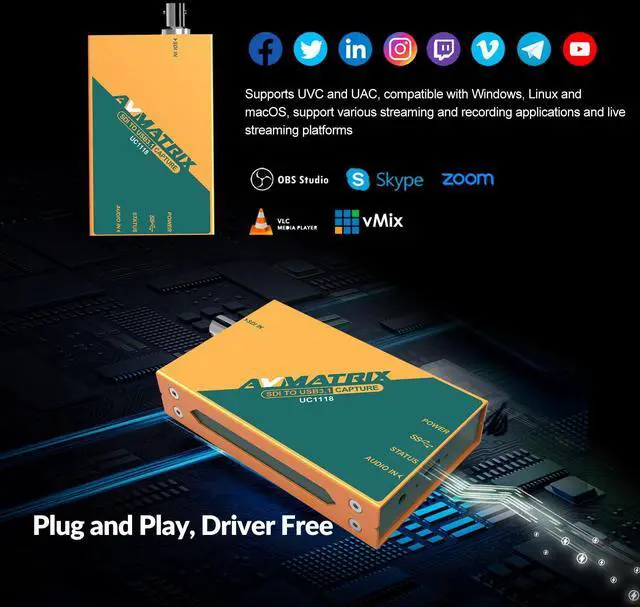 Alt view image 2 of 5 - AVMATRIX UC1118 Video Capture Card SDI to USB 3.0(Gen1) 1080P60 Uncompressed (YUY2) Video Capture with Line in for Video Conferencing Telemedicine Online Education on OBS, Zoom, Teams, PC/Mac