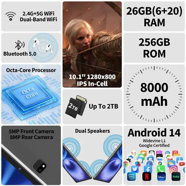 Alt view image 2 of 5 - 2025 Tablet, Android 14 Tablets 10 inch with Keyboard, 26GB RAM+256GB ROM(2TB Expand), 2-in-1 Tablets with 8-Core, 8000mAh, 5G WiFi, Widevine L1, GMS, with Case, Keyboard, Mouse, Stylus (Pink)