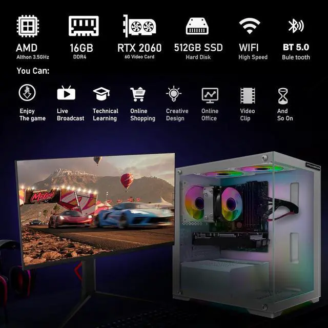 Alt view image 3 of 5 - STGAubron Gaming PC Computer Desktop, AMD Athlon 3000G 3.5G, GeForce RTX 2060 6G, 16G DDR4, 512G SSD, 600M WiFi, BT 5.0, RGB Fan x 3, Windows 11 Home