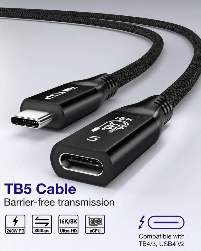 Alt view image 2 of 5 - RIITOP 80Gbps USB C Extension Cable for Thunderbolt 5 [1.64FT], Short USB-C Male to Female Cord up to 8K@60Hz Video 240W PD Fast Charging Compatible with Thunderbolt 4/3/USB4 V2 Extender