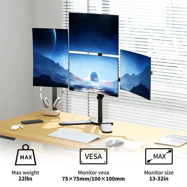 Alt view image 2 of 5 - Pholiten Quad Monitor Freestanding Mount for 13-32 Inch Screens, Fully Adjustable 4 Monitor Stand with Base,Swivel, Tilt, Rotation,75 * 75MM/100 * 100MM Vesa Stand, Max Load 22lbs