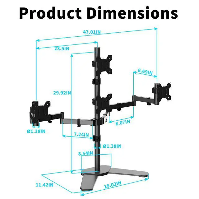 Alt view image 3 of 5 - Pholiten Quad Monitor Freestanding Mount for 13-32 Inch Screens, Fully Adjustable 4 Monitor Stand with Base,Swivel, Tilt, Rotation,75 * 75MM/100 * 100MM Vesa Stand, Max Load 22lbs