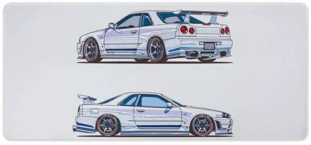 Main image of QEOPGNE Car Gaming Mouse Pad Large Mousepad Anime JDM White Blue Sport Car Minimalist R34 Big Computer Desk Mat Desk Pad for Keyboard and Mouse Mat Non-Slip Base 40x90cm