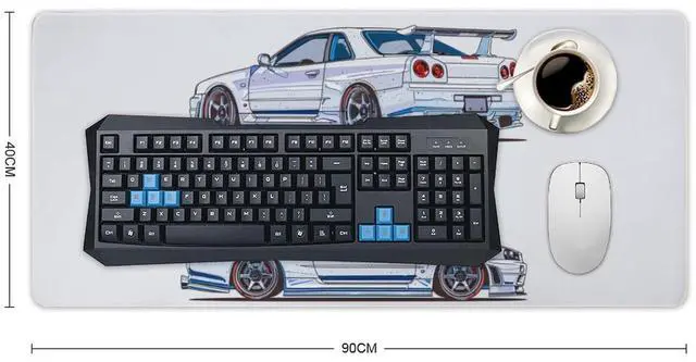 Alt view image 2 of 5 - QEOPGNE Car Gaming Mouse Pad Large Mousepad Anime JDM White Blue Sport Car Minimalist R34 Big Computer Desk Mat Desk Pad for Keyboard and Mouse Mat Non-Slip Base 40x90cm