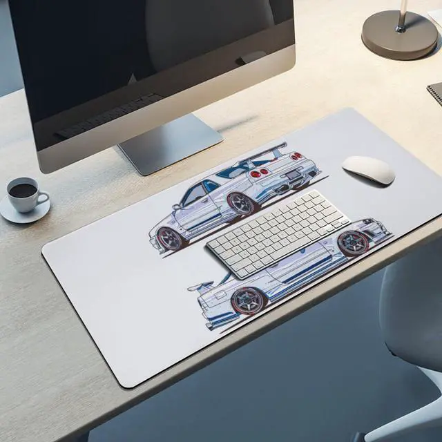Alt view image 5 of 5 - QEOPGNE Car Gaming Mouse Pad Large Mousepad Anime JDM White Blue Sport Car Minimalist R34 Big Computer Desk Mat Desk Pad for Keyboard and Mouse Mat Non-Slip Base 40x90cm