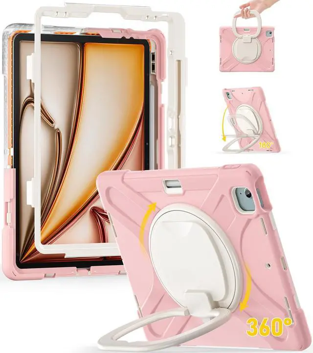 Main image of BRAECN for iPad Air 13 Kids Case M3 2025/ M2 2024 & iPad Pro 12.9 Case (6th/5th4th/3rd Gen), Heavy Duty Silicone Cover with 360 Swivel Ring Stand/Kickstand/Shoulder Strap/Pencil Holder, Sakura Pink