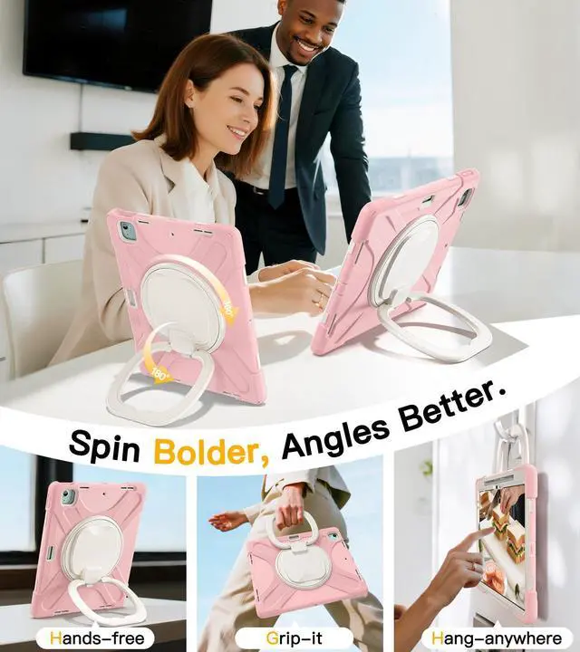 Alt view image 4 of 5 - BRAECN for iPad Air 13 Kids Case M3 2025/ M2 2024 & iPad Pro 12.9 Case (6th/5th4th/3rd Gen), Heavy Duty Silicone Cover with 360 Swivel Ring Stand/Kickstand/Shoulder Strap/Pencil Holder, Sakura Pink