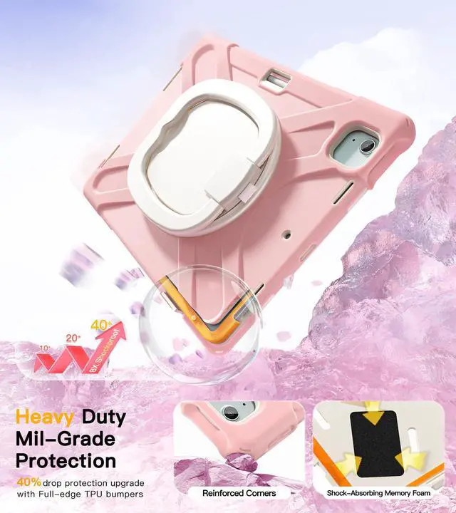 Alt view image 3 of 5 - BRAECN for iPad Air 13 Kids Case M3 2025/ M2 2024 & iPad Pro 12.9 Case (6th/5th4th/3rd Gen), Heavy Duty Silicone Cover with 360 Swivel Ring Stand/Kickstand/Shoulder Strap/Pencil Holder, Sakura Pink