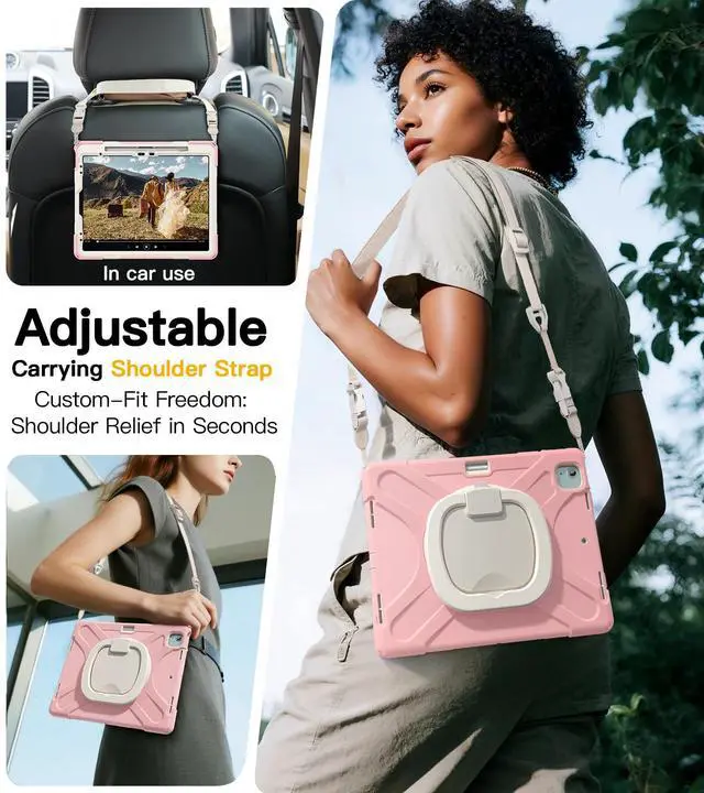 Alt view image 5 of 5 - BRAECN for iPad Air 13 Kids Case M3 2025/ M2 2024 & iPad Pro 12.9 Case (6th/5th4th/3rd Gen), Heavy Duty Silicone Cover with 360 Swivel Ring Stand/Kickstand/Shoulder Strap/Pencil Holder, Sakura Pink