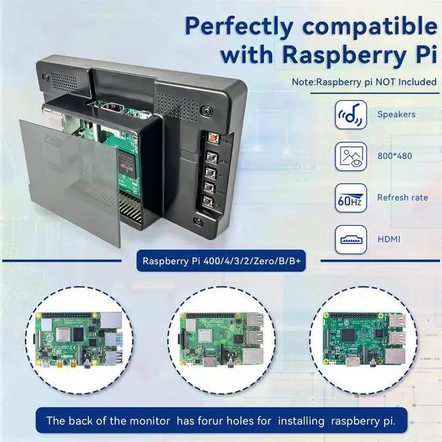 Alt view image 2 of 5 - HAMTYSAN 7'' Small HDMI Monitor 800x480 Raspberry Pi Screen with Case Second/Extend Screen for Raspberry Pi 5/4/3 Win11/10/8/7, Plug & Play, Dual Speakers, Non-Touch