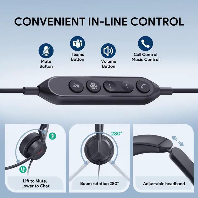 Alt view image 3 of 5 - Yealink UH44 UC USB Headset - Noise Cancelling Mic, Comfort Ear Cushions, Stereo Sound for PC/Laptop with Inline Controls, USB-C/A & Busylight-Black