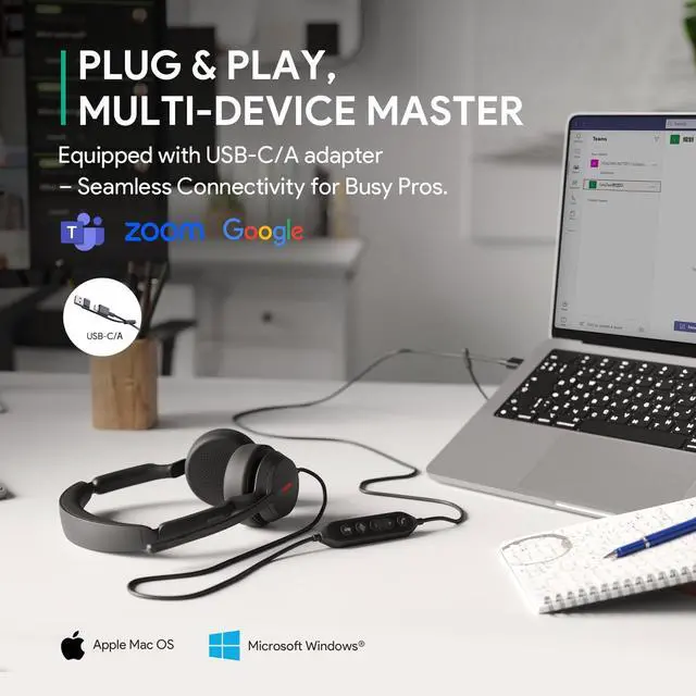 Alt view image 5 of 5 - Yealink UH44 UC USB Headset - Noise Cancelling Mic, Comfort Ear Cushions, Stereo Sound for PC/Laptop with Inline Controls, USB-C/A & Busylight-Black