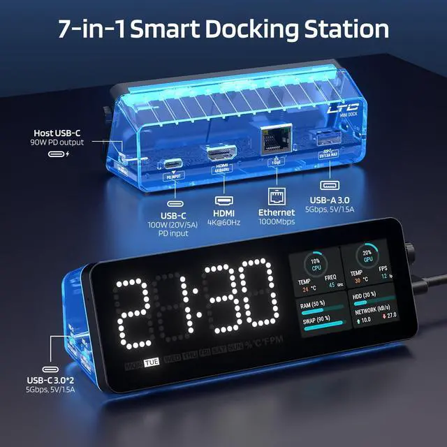 Alt view image 2 of 5 - LTC Laptop Docking Station, 7-in-1 USB C Hub with Screen, Multiple Built-in Apps, Multiport Adapter with HDMI 4K@60Hz, 90W Power Delivery, USBC & USBA Data Ports, Dongle for MacBook, Dell, and More