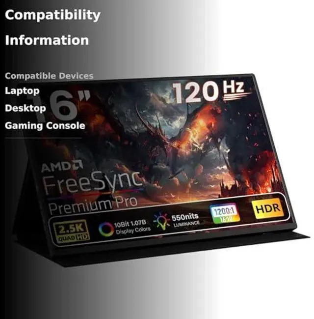 Alt view image 3 of 5 - Upperizon Portable Monitor 16" 2K QHD 2560X1600 550 Nits 106% sRGB 120Hz IPS HDR HDMI USB-C Travel Monitor for Laptop Mac PC Surface PS5 Xbox, External Display with Cover & Speakers, VESA Compatible