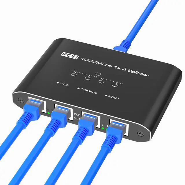 Main image of PoE Splitter 1 in 4 Out, Gigabit 4 Port PoE Switch, IEEE 802.3at/af Compliant, 30W per Port Power Over Ethernet Hub for IP Cameras/APVoIP Phones (328 Ft), PoE+ Splitter for Cat5e/6/7/8 Cable