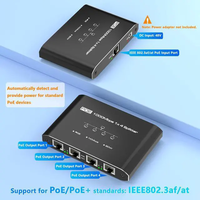 Alt view image 5 of 5 - PoE Splitter 1 in 4 Out, Gigabit 4 Port PoE Switch, IEEE 802.3at/af Compliant, 30W per Port Power Over Ethernet Hub for IP Cameras/APVoIP Phones (328 Ft), PoE+ Splitter for Cat5e/6/7/8 Cable