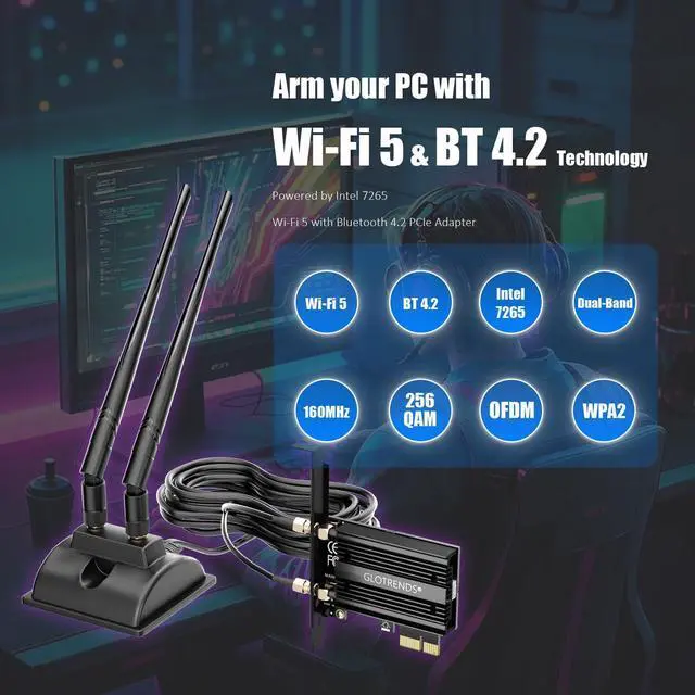 Alt view image 2 of 5 - GLOTRENDS WiFi 5 PCIe Card with 2-Meter Extension Antenna for Desktop PC, Intel 7265 Chip, 802.11ac, Bluetooth 4.2, Support Windows 11/10/7/Linux, Support Intel/AMD Motherboard