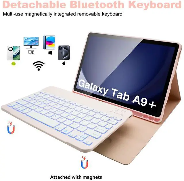 Alt view image 3 of 5 - Keyboard Case for Samsung Galaxy Tab A9 Plus 11 Inch - 7 Colors Backlit Wireless Detachable Folio Keyboard Cover with Pencil Holder, Bluetooth Mouse for Tablet A9+,Pink