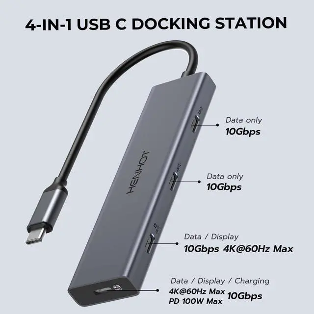 Alt view image 2 of 5 - USB C Video Output Hub, Dual Monitor Docking Station Supports USB-C PD Monitor, Thunderbolt Splitter for Portable Screen, Video Output 4K@30-60Hz, 4 Port Gen2 10Gbps, PD 100W, with Type C Video Cable