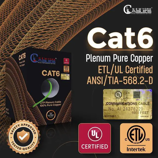 Alt view image 2 of 5 - NewYork Cables | CAT6 Plenum Cable 1000ft Green | UL & ETL Listed CMP, 100% Pure Copper, UTP, 550MHz, 23AWG, 4Pair 10GB, PoE++ | Most Certified Plenum-Rated Fire-Resistant Bulk Cat 6 Ethernet Cable