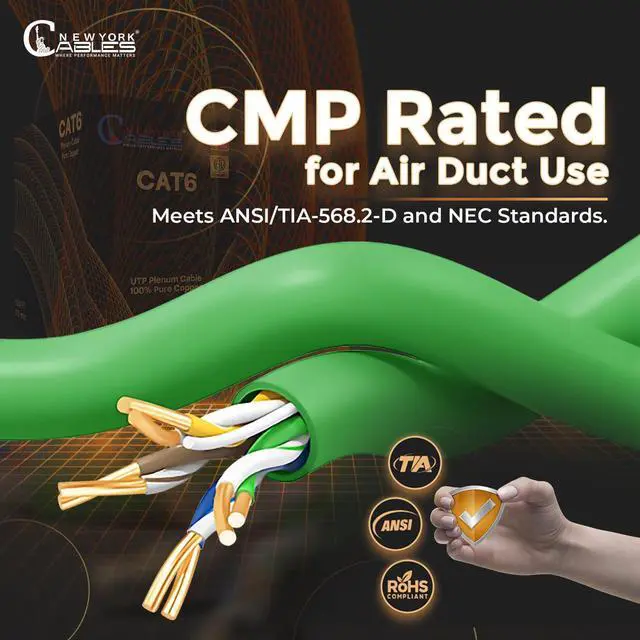 Alt view image 3 of 5 - NewYork Cables | CAT6 Plenum Cable 1000ft Green | UL & ETL Listed CMP, 100% Pure Copper, UTP, 550MHz, 23AWG, 4Pair 10GB, PoE++ | Most Certified Plenum-Rated Fire-Resistant Bulk Cat 6 Ethernet Cable