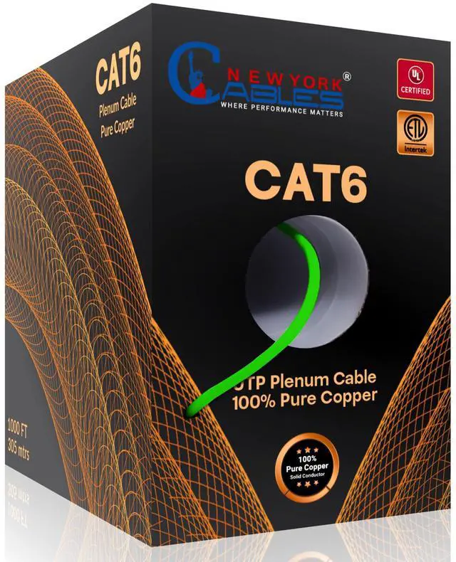 Main image of NewYork Cables | CAT6 Plenum Cable 1000ft Green | UL & ETL Listed CMP, 100% Pure Copper, UTP, 550MHz, 23AWG, 4Pair 10GB, PoE++ | Most Certified Plenum-Rated Fire-Resistant Bulk Cat 6 Ethernet Cable