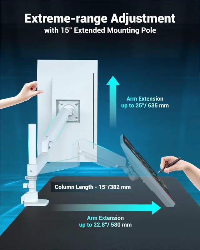 Alt view image 3 of 5 - Ergounion Heavy Duty Monitor Arm for 13-49 Inch Ultrawide Screens, Holds Up to 44lbs, Fully Adjustable Single Monitor Mount, with Clamp & Grommet Base, 75/100mm VESA Desk Mount, White