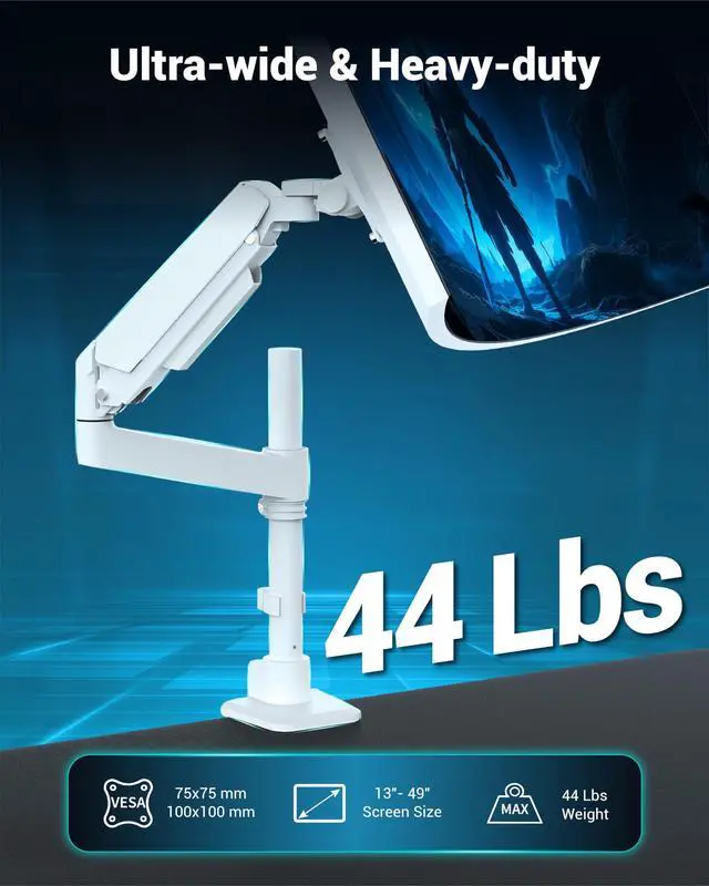 Alt view image 2 of 5 - Ergounion Heavy Duty Monitor Arm for 13-49 Inch Ultrawide Screens, Holds Up to 44lbs, Fully Adjustable Single Monitor Mount, with Clamp & Grommet Base, 75/100mm VESA Desk Mount, White