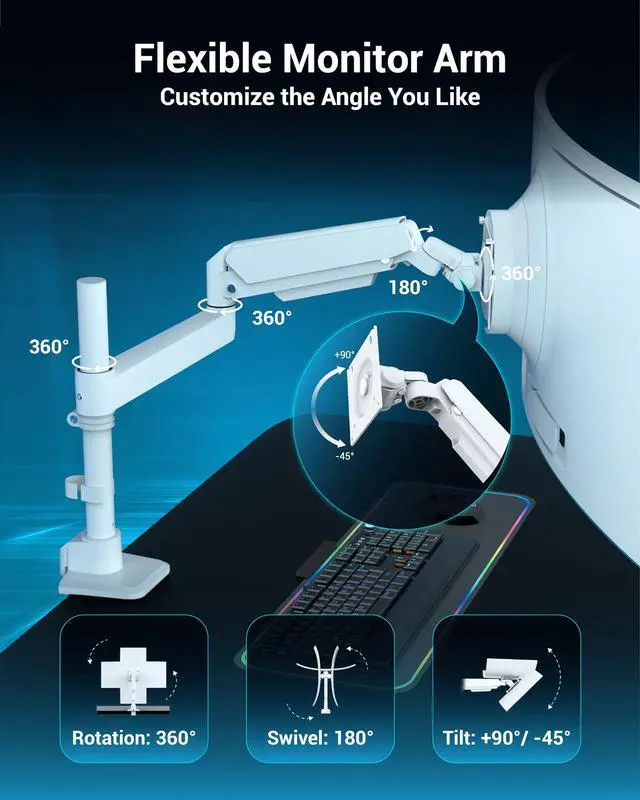 Alt view image 4 of 5 - Ergounion Heavy Duty Monitor Arm for 13-49 Inch Ultrawide Screens, Holds Up to 44lbs, Fully Adjustable Single Monitor Mount, with Clamp & Grommet Base, 75/100mm VESA Desk Mount, White