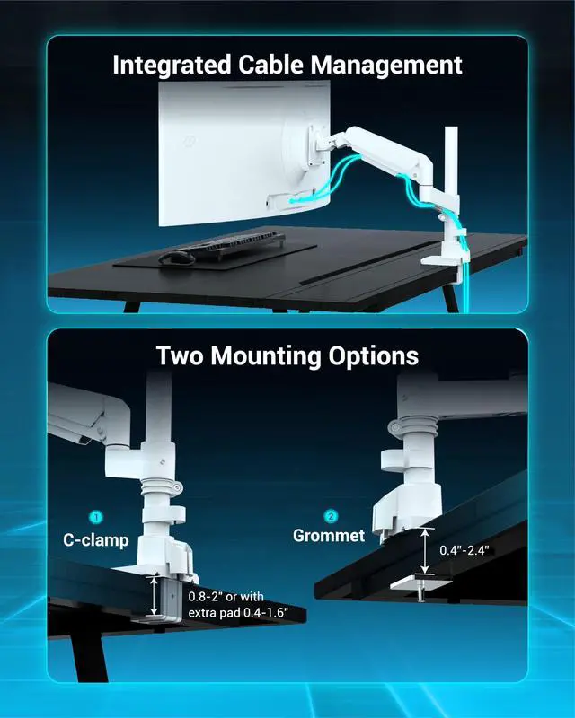 Alt view image 5 of 5 - Ergounion Heavy Duty Monitor Arm for 13-49 Inch Ultrawide Screens, Holds Up to 44lbs, Fully Adjustable Single Monitor Mount, with Clamp & Grommet Base, 75/100mm VESA Desk Mount, White