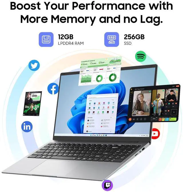 Alt view image 3 of 5 - AE86 15.6" Laptop, Celeron N4000, 12GB RAM 256GB SSD, Full HD 1080P Display, Dual-Band WiFi, Mini HDMI, Lightweight Slim Silver Notebook for Business, School, Home