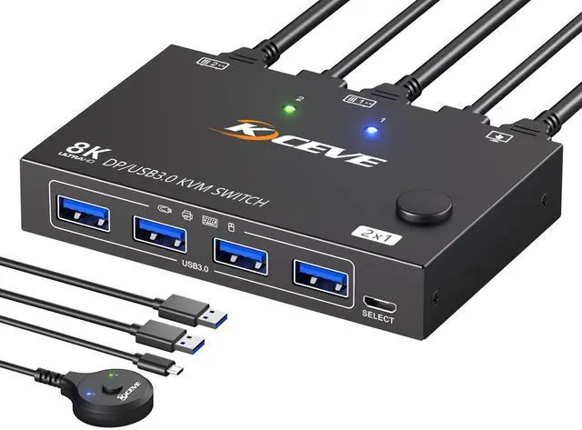 Main image of MLEEDA Displayport KVM Switch 1 Monitors 2 Computers 8K@30Hz 4K@144Hz, USB3.0 DP KVM Switches for 2 Computers Sharing Single Monitor and Keyboard Mouse Printer,Wired Remote and 2 USB Cables Included
