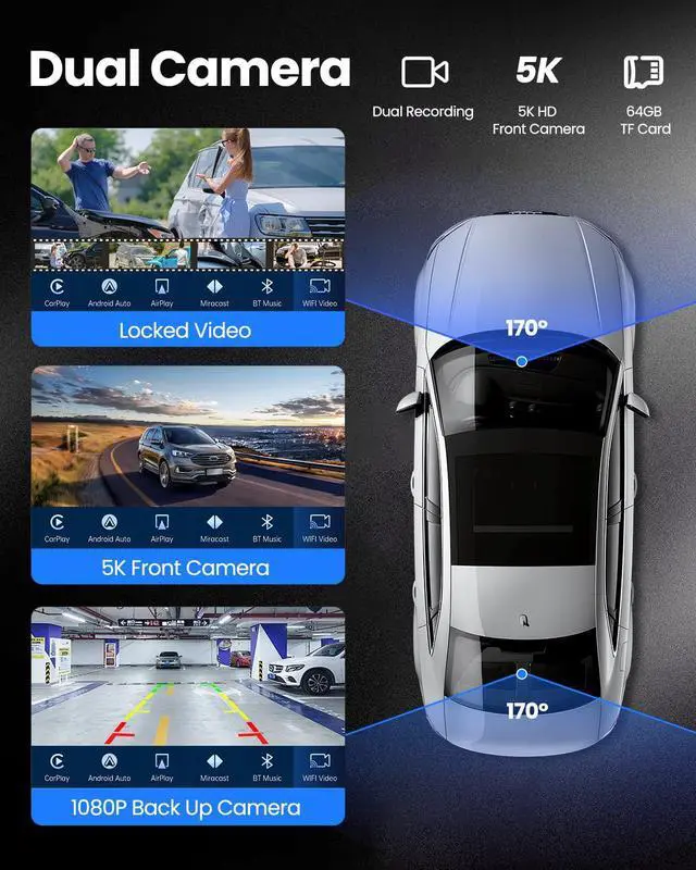 Alt view image 2 of 5 - VyKure Portable Carplay Screen for Car 5K Dash Cam, 9" Wireless CarPlay & Android Auto Car Audio Receivers with 1080p Backup Camera, Bluetooth/GPS Navigation/Voice Control/Mirror Link (Black)
