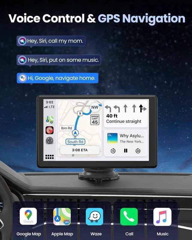 Alt view image 5 of 5 - VyKure Portable Carplay Screen for Car 5K Dash Cam, 9" Wireless CarPlay & Android Auto Car Audio Receivers with 1080p Backup Camera, Bluetooth/GPS Navigation/Voice Control/Mirror Link (Black)