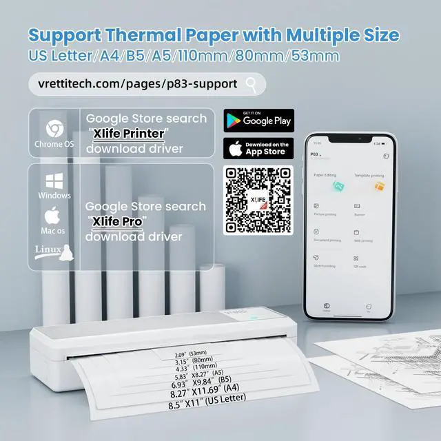 Alt view image 4 of 5 - vretti P83 Portable Printers Wireless for Travel, A4 Portable Thermal Printer, Mobile Inkless Printer Compatible with Phone & Laptop, Supports 8.5 x 11 US Letter for Car School Office Home Use, White