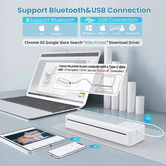 Alt view image 2 of 5 - vretti P83 Portable Printers Wireless for Travel, A4 Portable Thermal Printer, Mobile Inkless Printer Compatible with Phone & Laptop, Supports 8.5 x 11 US Letter for Car School Office Home Use, White