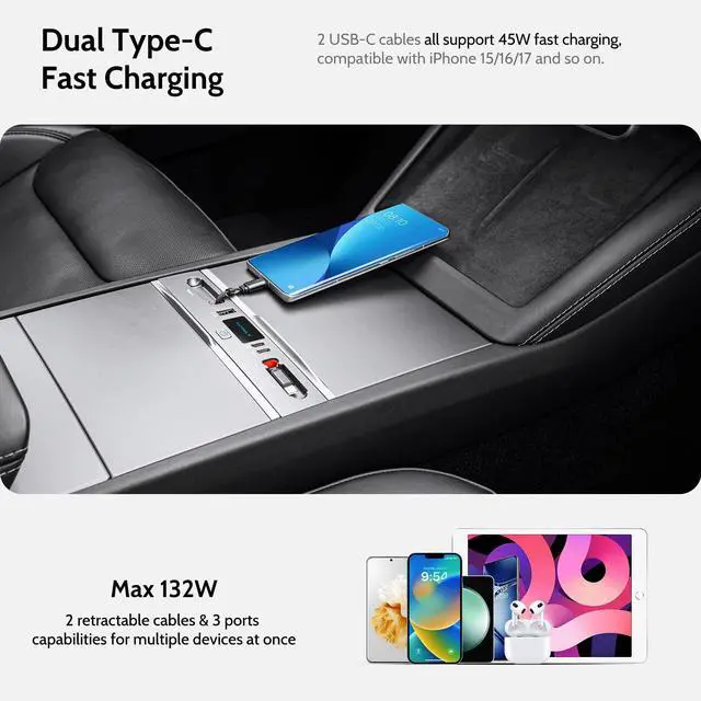 Alt view image 2 of 5 - Mowlicas Max 132W Dual Type-C USB Hub, Tesla New Model Y Juniper (2026/2025) Accessories, 5 in 1 Fast Charger for iPhone 16/15 Series, 2-Retractable Cable & 3-Port Docking Station