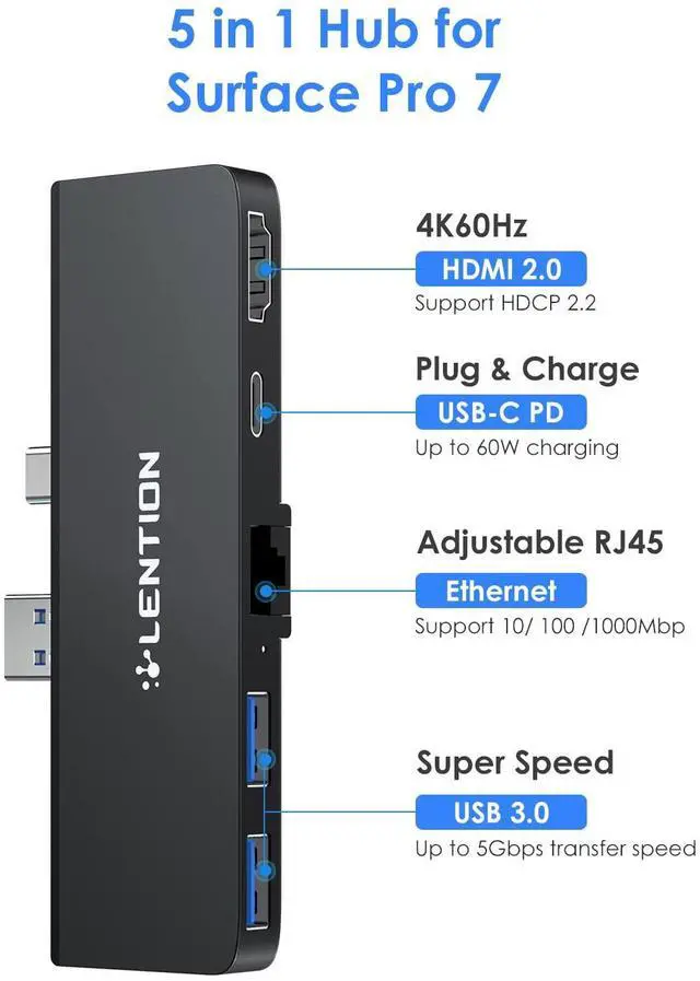 Alt view image 2 of 5 - LENTION Surface Pro 7 USB C Hub Docking Station,5-in-1 Surface Pro 7 Hub,4K@60Hz USBC to HDMI Hub,USB C to Gigabit Ethernet Hub,2 USB 3.0 Hub,PD 60W Type C Charging Port Hub(CS35,Black)