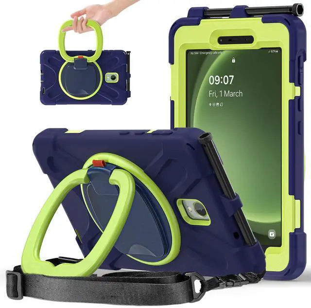 Main image of FONREST Rugged Case for Samsung Galaxy Tab Active5 5G (SM-X306B/X300) w/ 360° Rotating Hanging Ring Handle Grip Kickstand Heavy Duty Shock-Proof Armor Cover w/Shoulder Strap, Stylus Holder(Navy+Lime)