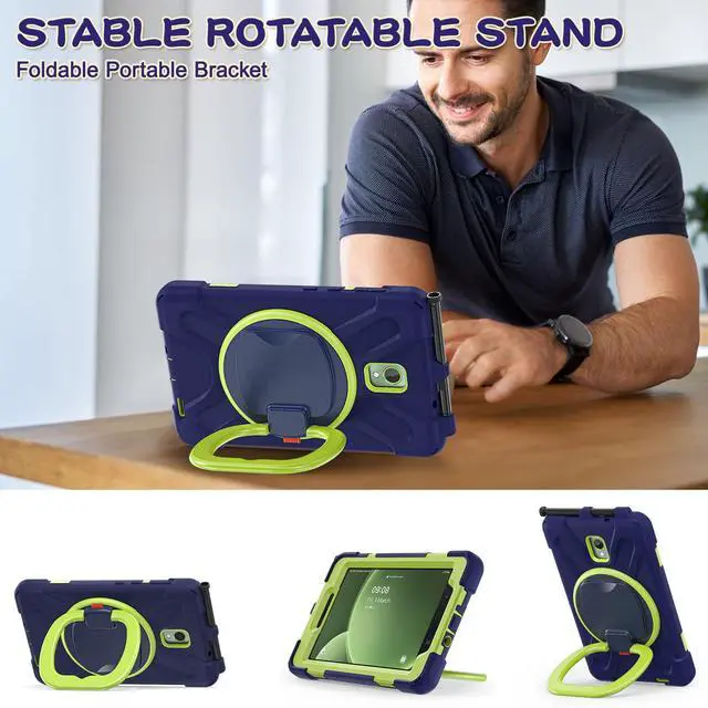 Alt view image 3 of 5 - FONREST Rugged Case for Samsung Galaxy Tab Active5 5G (SM-X306B/X300) w/ 360° Rotating Hanging Ring Handle Grip Kickstand Heavy Duty Shock-Proof Armor Cover w/Shoulder Strap, Stylus Holder(Navy+Lime)