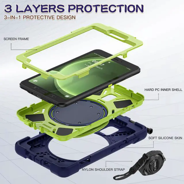 Alt view image 2 of 5 - FONREST Rugged Case for Samsung Galaxy Tab Active5 5G (SM-X306B/X300) w/ 360° Rotating Hanging Ring Handle Grip Kickstand Heavy Duty Shock-Proof Armor Cover w/Shoulder Strap, Stylus Holder(Navy+Lime)