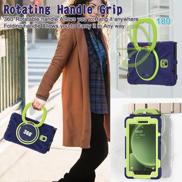 Alt view image 4 of 5 - FONREST Rugged Case for Samsung Galaxy Tab Active5 5G (SM-X306B/X300) w/ 360° Rotating Hanging Ring Handle Grip Kickstand Heavy Duty Shock-Proof Armor Cover w/Shoulder Strap, Stylus Holder(Navy+Lime)