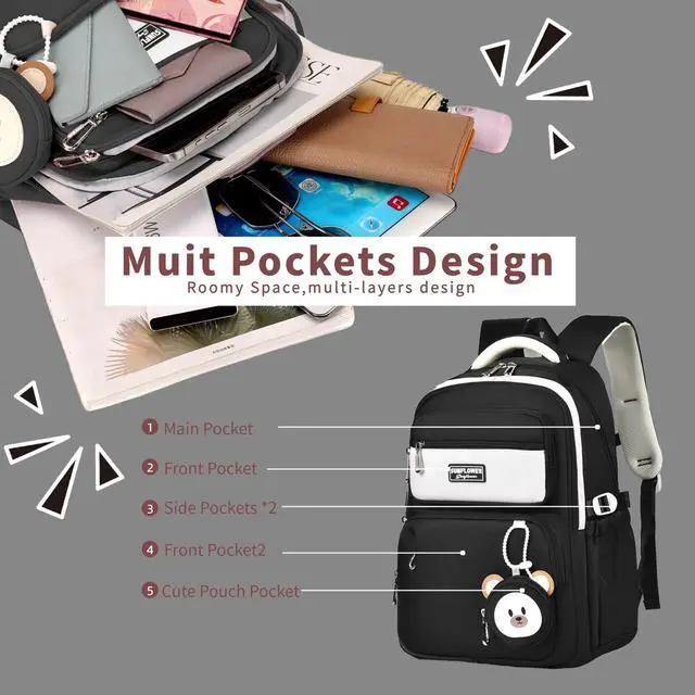 Alt view image 5 of 5 - Leaper Preppy Backpack for Teens : 18.5 inch Bookbag Multi-pocket for School Daily -Water Resistant Anti Theft Middle Highschool Student - Aged 10-16 - Gifts for Girls and KidsBlack