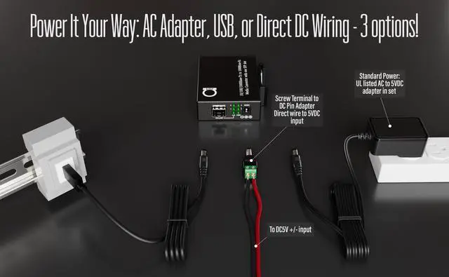 Alt view image 2 of 5 - Open SFP Slot DIN Rail Gigabit Ethernet Switch, 4X 10/100/1000Base-TX + 1x 1000Base-FX,UL Power Supply, Direct DC/USB Power Options, Wide Temp, Industrial Mount, 26mm Slim