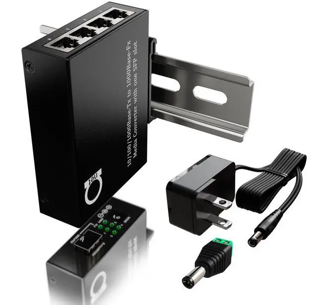 Main image of Open SFP Slot DIN Rail Gigabit Ethernet Switch, 4X 10/100/1000Base-TX + 1x 1000Base-FX,UL Power Supply, Direct DC/USB Power Options, Wide Temp, Industrial Mount, 26mm Slim