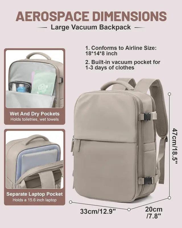 Alt view image 2 of 5 - bergsalz Vacuum Backpack With Pump Large Travel Laptop Backpacks For Women Men Carry On Backpack Vacpack Backpacks With Vacuum Compression Brown