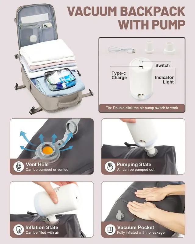 Alt view image 3 of 5 - bergsalz Vacuum Backpack With Pump Large Travel Laptop Backpacks For Women Men Carry On Backpack Vacpack Backpacks With Vacuum Compression Brown