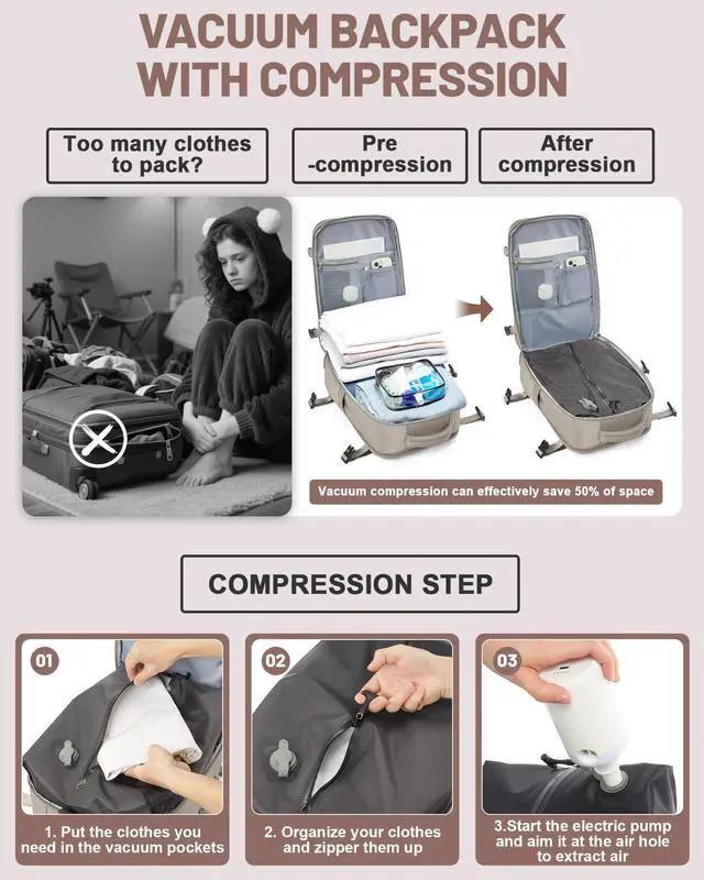 Alt view image 4 of 5 - bergsalz Vacuum Backpack With Pump Large Travel Laptop Backpacks For Women Men Carry On Backpack Vacpack Backpacks With Vacuum Compression Brown