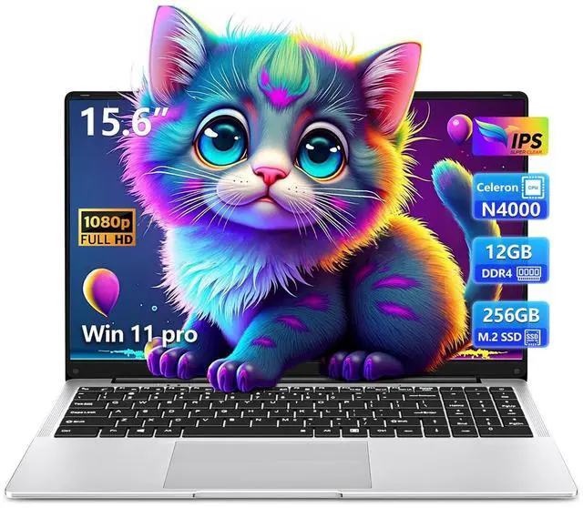 Main image of 15.6 inch Laptop, Laptop Computer N4000 Processor, Laptops with 12GB LPDDR4 256GB SSD, Silver Traditional Laptop Computers for Work & Study, 180° Angle Open, Dual-Band WiFi, BT 4.2, Long Battery Life
